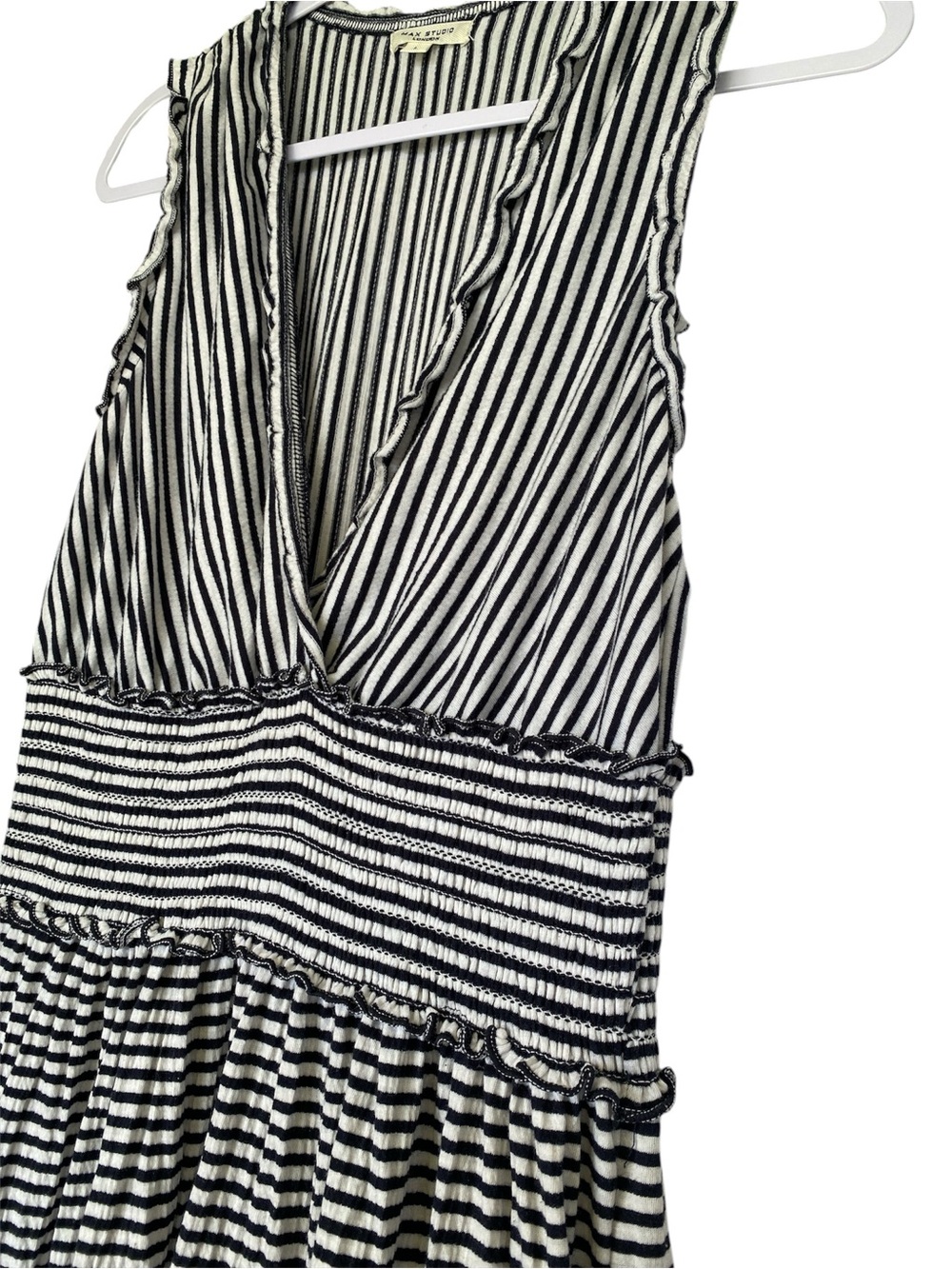 Max Studio Black and White Striped V-Neck Tiered Midi Dress - Picture 3 of 7